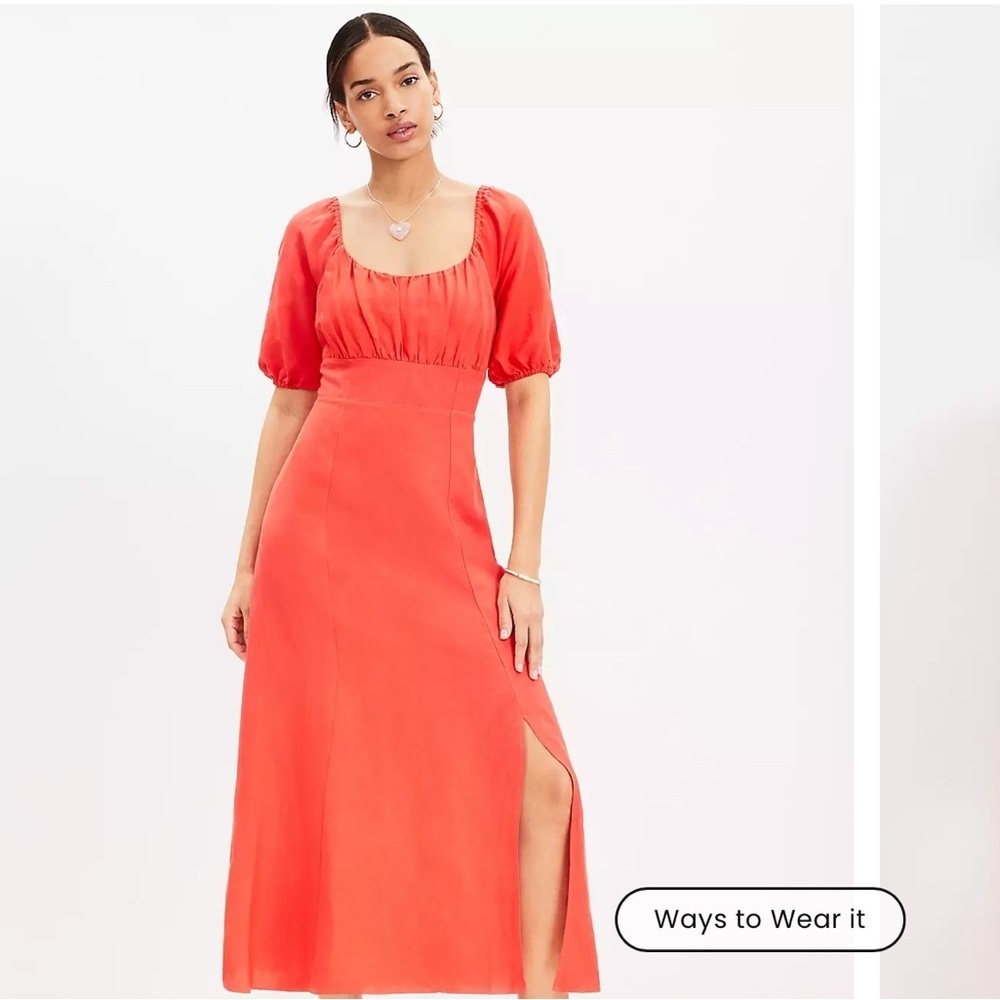 Loft Ann Taylor Sun Dress Size 2 Linen Maxi Smocked Puff Sleeve Coral Milkmaid